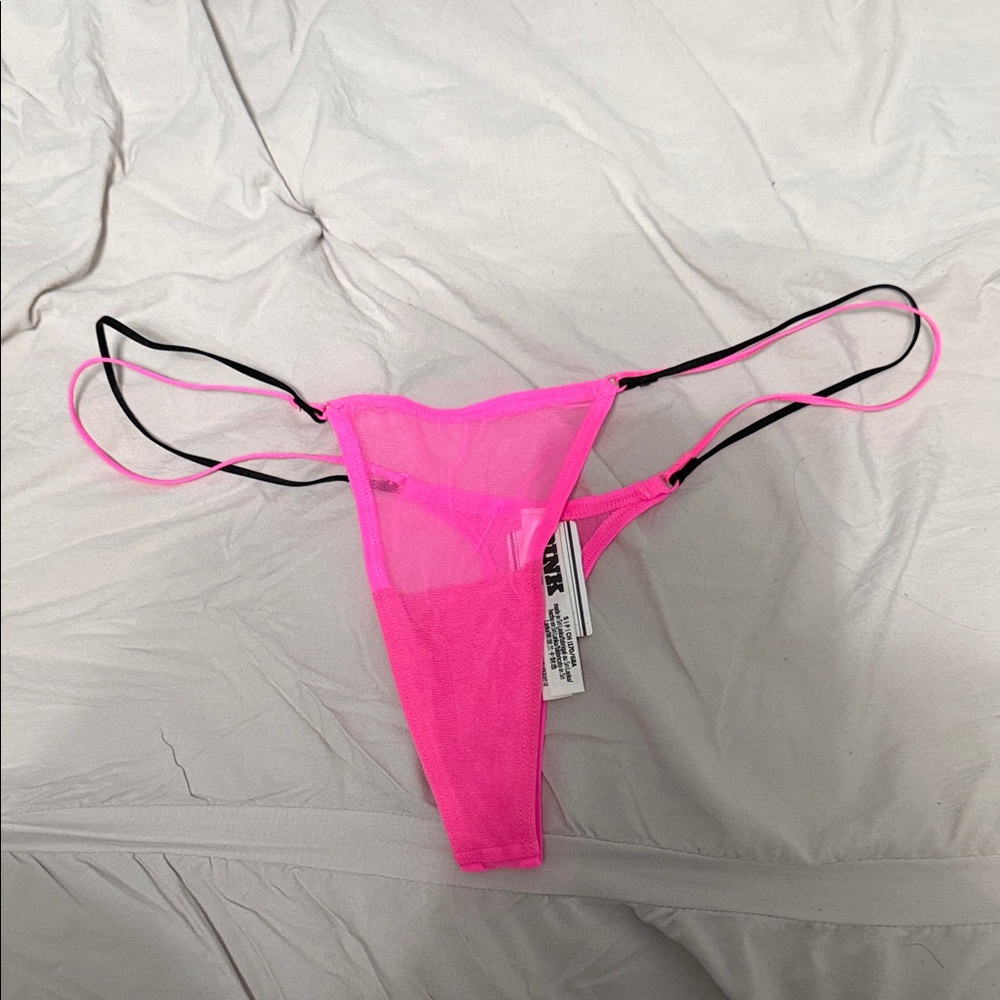 Victoria's Secret Neon Pink Sheer Thong with Black Straps
